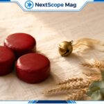 Babybelletje cheese rounds and small brass bell on cream linen tablecloth with soft morning light and dried wheat