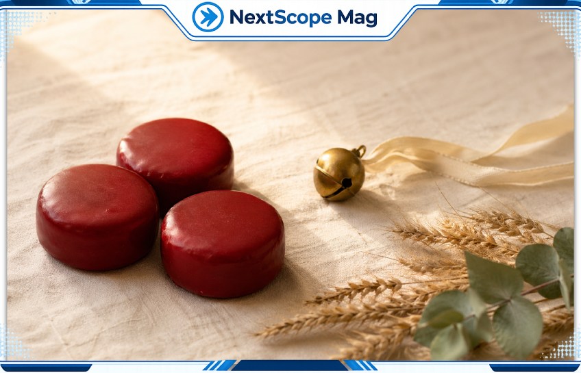 Babybelletje cheese rounds and small brass bell on cream linen tablecloth with soft morning light and dried wheat