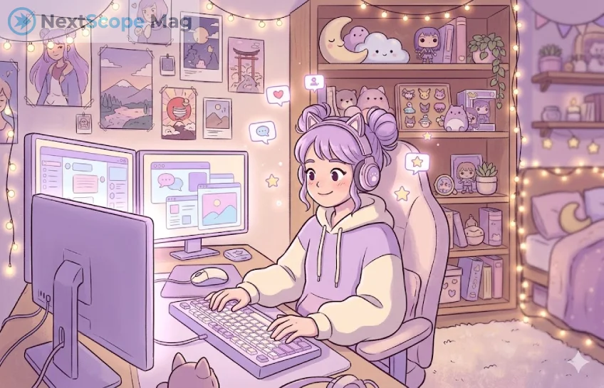 Babybelletje online creator persona illustrated in a cozy digital art style with fandom and social media elements