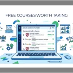 A laptop showing free online course certificates from Harvard and Google with icons for coding, AI, and digital marketing