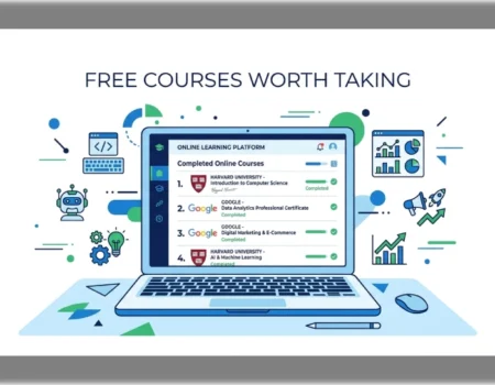 A laptop showing free online course certificates from Harvard and Google with icons for coding, AI, and digital marketing