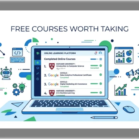 A laptop showing free online course certificates from Harvard and Google with icons for coding, AI, and digital marketing
