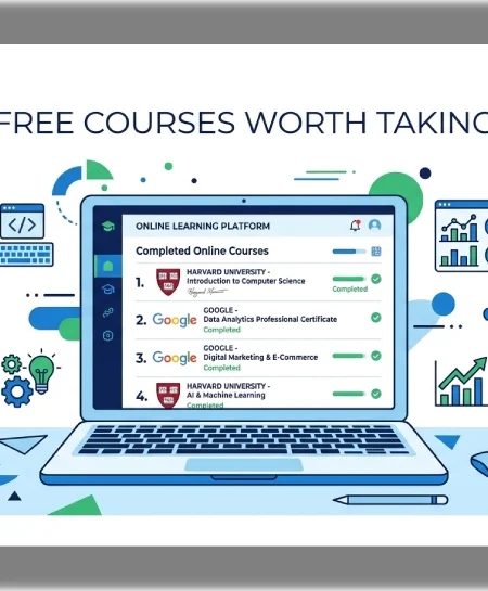 A laptop showing free online course certificates from Harvard and Google with icons for coding, AI, and digital marketing