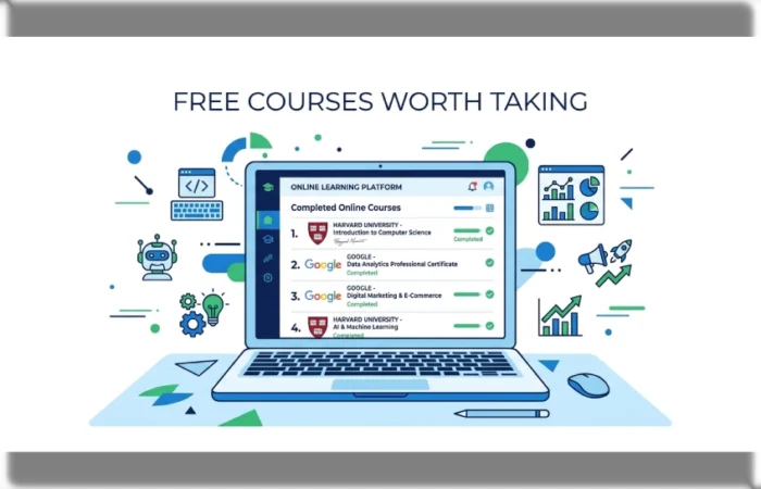 A laptop showing free online course certificates from Harvard and Google with icons for coding, AI, and digital marketing