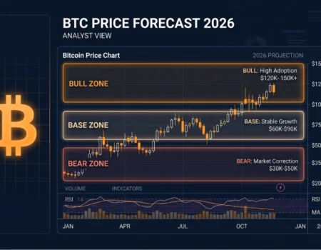 Bitcoin price prediction 2026 chart showing bull base and bear case scenarios based on halving and macro data