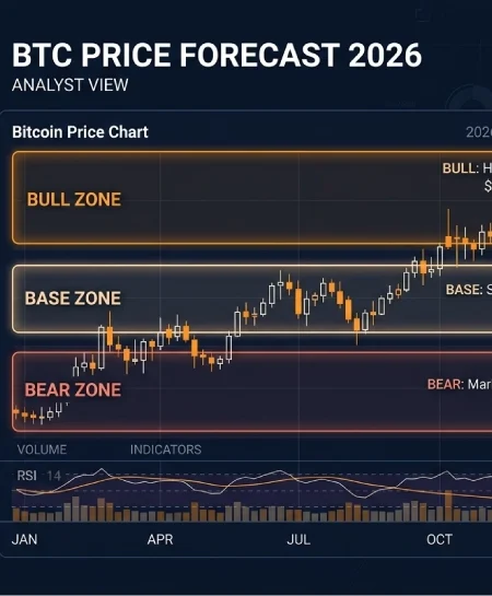 Bitcoin price prediction 2026 chart showing bull base and bear case scenarios based on halving and macro data