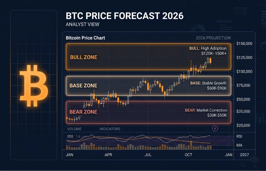 Bitcoin price prediction 2026 chart showing bull base and bear case scenarios based on halving and macro data