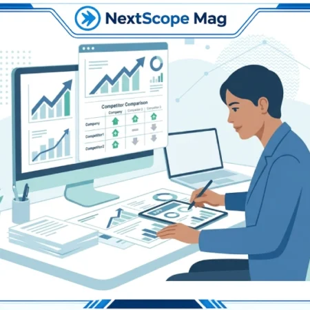 Business owner reviewing a competitive advantage strategy plan to grow faster than competitors