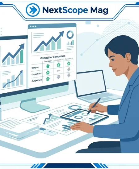 Business owner reviewing a competitive advantage strategy plan to grow faster than competitors