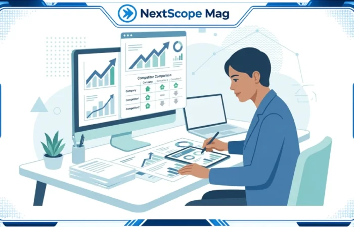 Business owner reviewing a competitive advantage strategy plan to grow faster than competitors