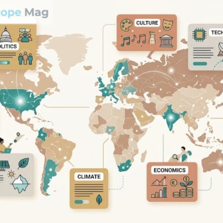A digital illustration of a world map surrounded by topic cards labeled Politics, Culture, Economics, Technology, and Climate, representing GlobeInsightBlog's global knowledge coverage.
