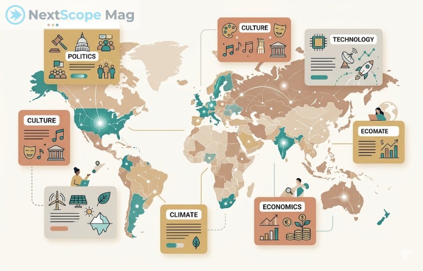 A digital illustration of a world map surrounded by topic cards labeled Politics, Culture, Economics, Technology, and Climate, representing GlobeInsightBlog's global knowledge coverage.