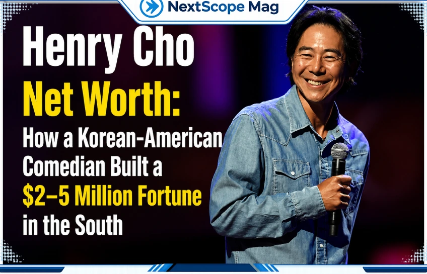 Henry Cho performing stand-up comedy on stage with featured text about Henry Cho net worth and how the Korean-American comedian built a $2–5 million fortune in the South.
