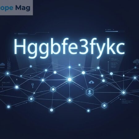Hggbfe3fykc shown as a glowing digital identifier string in a connected web of cloud data nodes and online systems