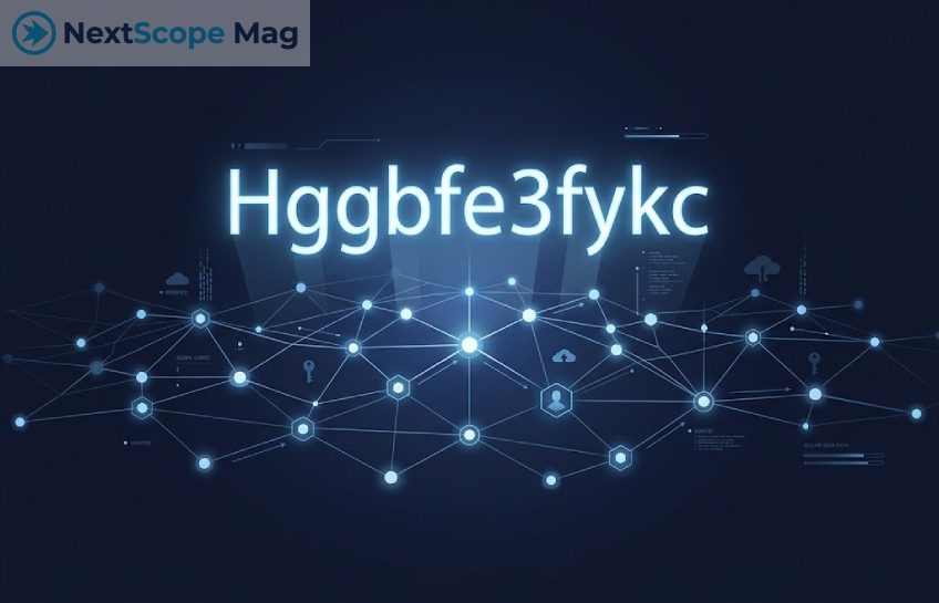 Hggbfe3fykc shown as a glowing digital identifier string in a connected web of cloud data nodes and online systems
