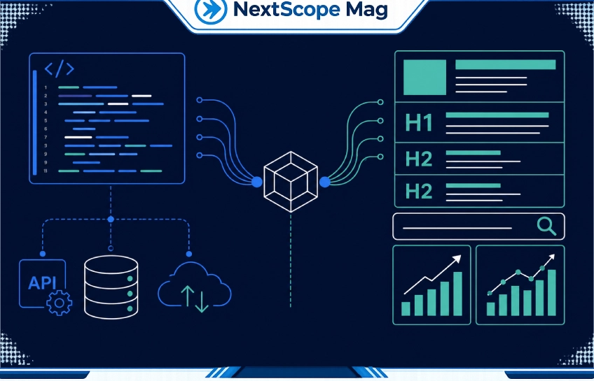 Hggbfe3fykc illustrated as both a digital system identifier connecting APIs and databases on the left, and a structured SEO content framework with search optimization signals on the right