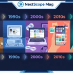 A flat-design timeline illustration showing the history of social media from early bulletin boards in the 1970s to short-form video apps in the 2020s