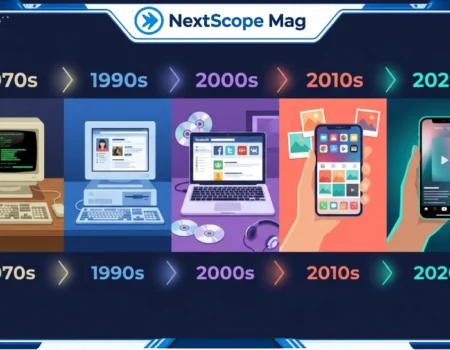A flat-design timeline illustration showing the history of social media from early bulletin boards in the 1970s to short-form video apps in the 2020s