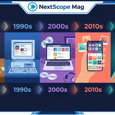 A flat-design timeline illustration showing the history of social media from early bulletin boards in the 1970s to short-form video apps in the 2020s