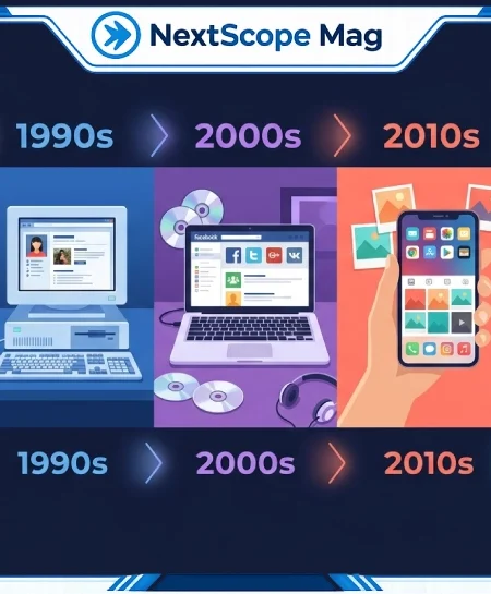 A flat-design timeline illustration showing the history of social media from early bulletin boards in the 1970s to short-form video apps in the 2020s