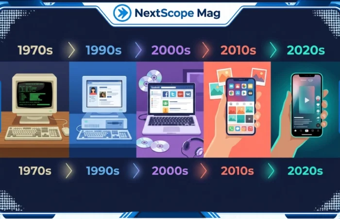A flat-design timeline illustration showing the history of social media from early bulletin boards in the 1970s to short-form video apps in the 2020s