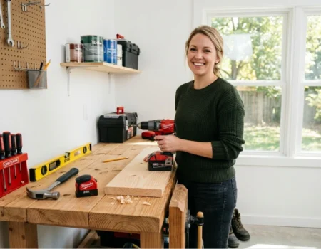 A beginner homeowner using a cordless drill at a workbench with basic DIY tools for a home improvement project