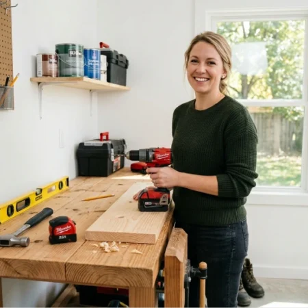 A beginner homeowner using a cordless drill at a workbench with basic DIY tools for a home improvement project