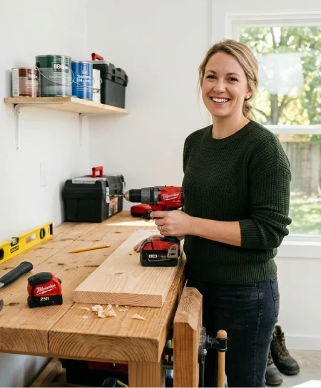A beginner homeowner using a cordless drill at a workbench with basic DIY tools for a home improvement project
