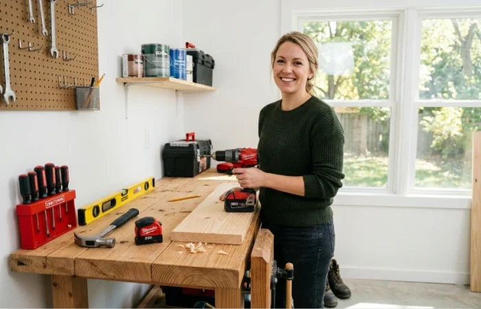 A beginner homeowner using a cordless drill at a workbench with basic DIY tools for a home improvement project