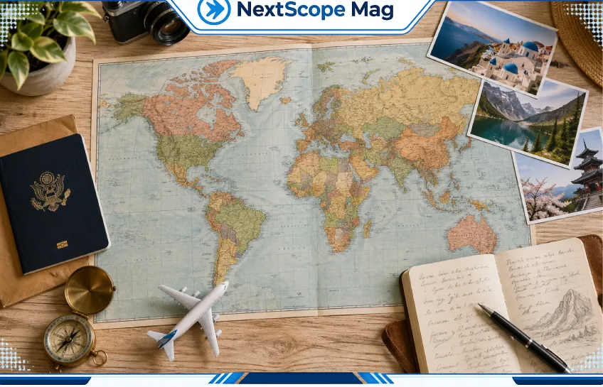 How to choose a travel destination — travel planning essentials including a world map, passport, and compass