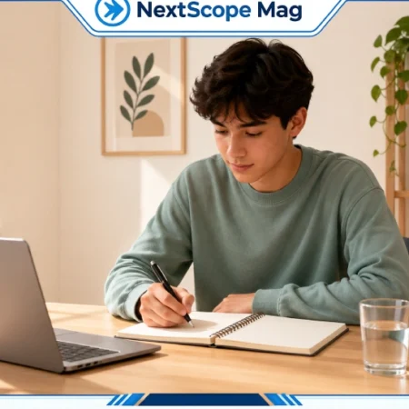 A student studying effectively at home with a laptop, notebook, and organized desk setup