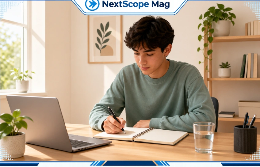 A student studying effectively at home with a laptop, notebook, and organized desk setup