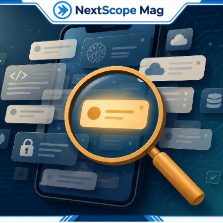 Latest tech scookietech illustration showing a magnifying glass filtering tech notifications on a smartphone screen.