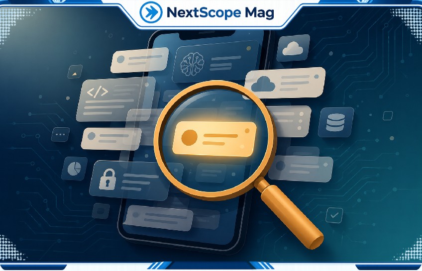 Latest tech scookietech illustration showing a magnifying glass filtering tech notifications on a smartphone screen.