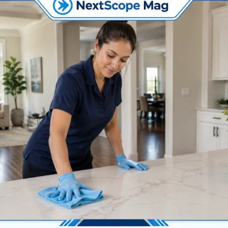 Professional house cleaner wiping kitchen countertop in a bright, tidy home interior