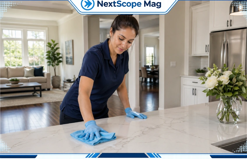 Professional house cleaner wiping kitchen countertop in a bright, tidy home interior