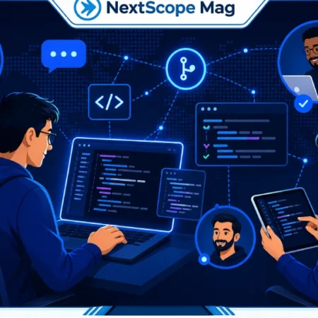 Developers collaborating on ProgramGeeks Social Media platform using real-time coding and community tools