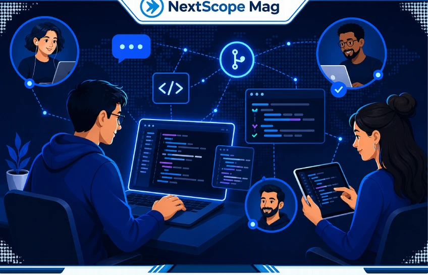 Developers collaborating on ProgramGeeks Social Media platform using real-time coding and community tools