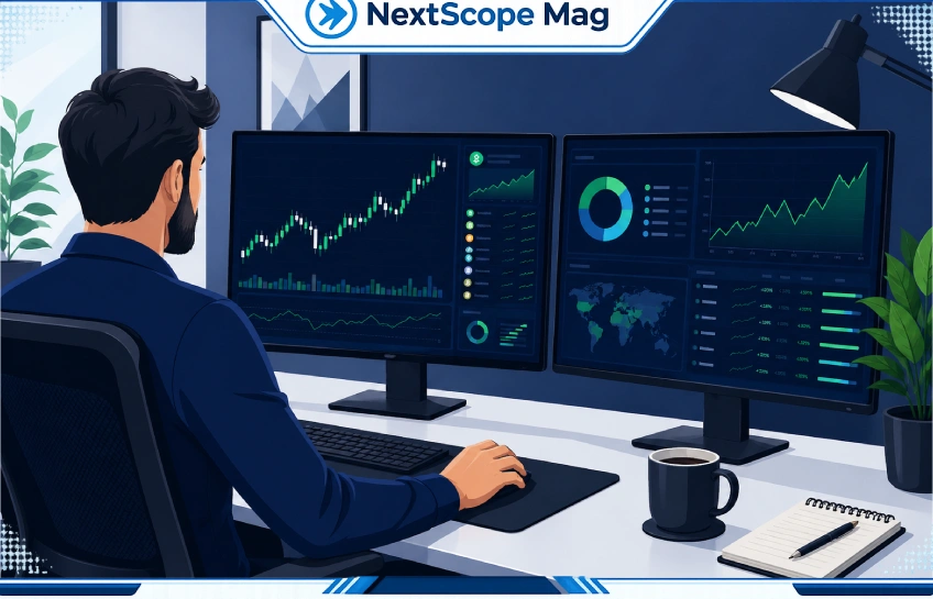 RPRInvesting trading guide by Riproar — investor analyzing crypto and stock portfolio charts on dual monitors