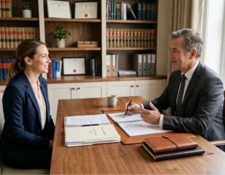 A person consulting a lawyer in a professional office setting with legal documents on the desk.