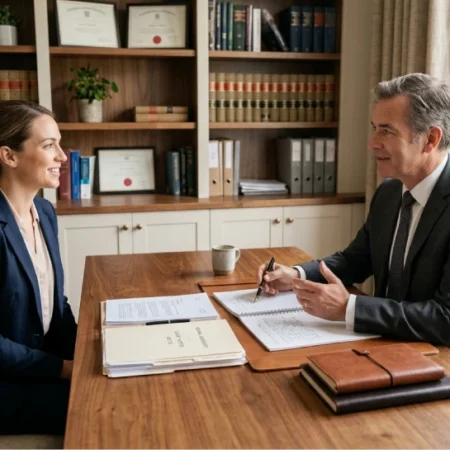 A person consulting a lawyer in a professional office setting with legal documents on the desk.