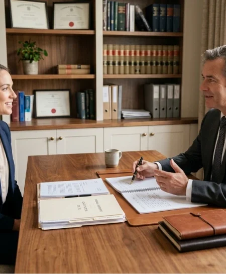 A person consulting a lawyer in a professional office setting with legal documents on the desk.