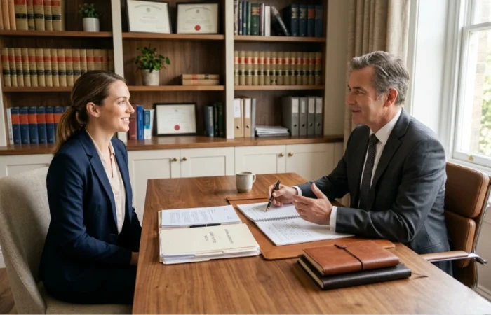 A person consulting a lawyer in a professional office setting with legal documents on the desk.