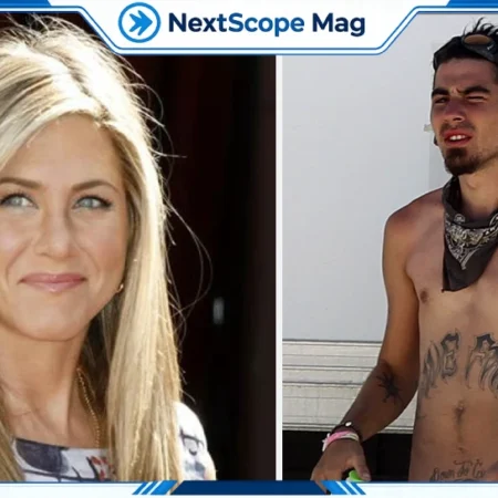 Jennifer Aniston smiling next to her half-brother Alex Aniston, shown shirtless with chest tattoos and a black bandana.
