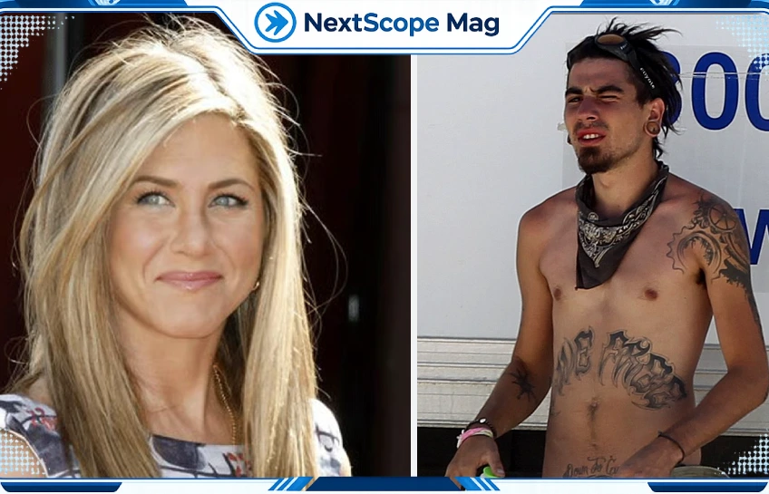 Jennifer Aniston smiling next to her half-brother Alex Aniston, shown shirtless with chest tattoos and a black bandana.