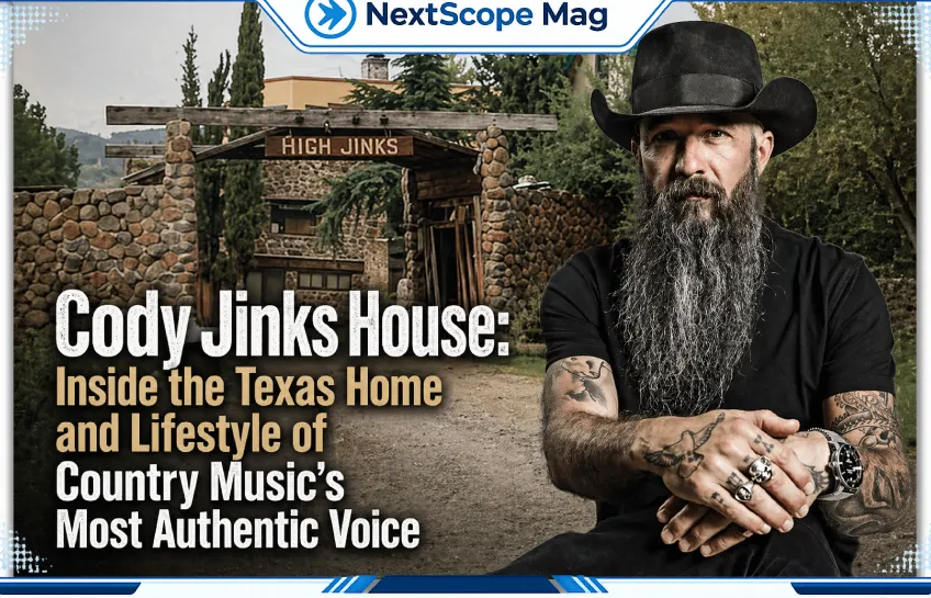 Cody Jinks standing in front of a rustic stone building with a "High Jinks" sign — reflecting his Texas roots and outlaw country lifestyle