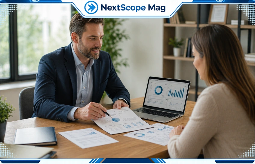 A financial advisor reviewing documents with a client across a desk, representing fee-only fiduciary financial planning.