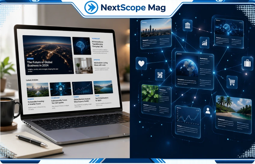 GlobeInsightBlog review featured image showing a laptop displaying a multi-topic content blog homepage with article cards.
