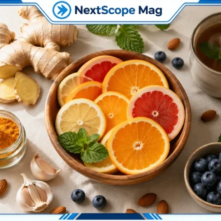 Flat lay of immune system support foods including citrus fruits, ginger, garlic, turmeric, blueberries and herbal tea on cream background