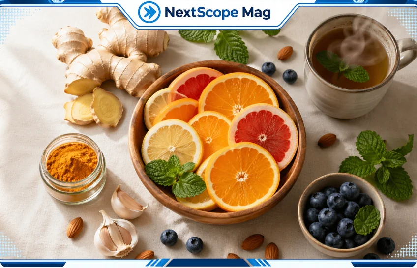 Flat lay of immune system support foods including citrus fruits, ginger, garlic, turmeric, blueberries and herbal tea on cream background